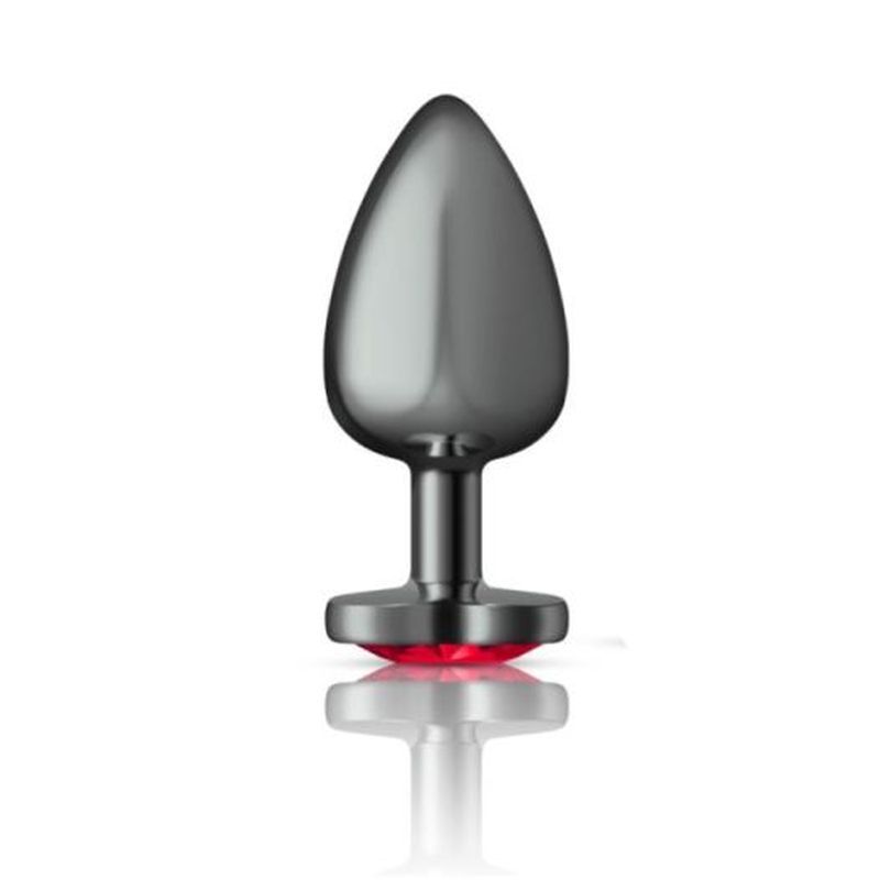 Cheeky Charms Gunmetal Butt Plug w Heart Red Jewel Large