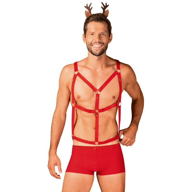 Obsessive Mr. Reindy 3-Piece Men's Lingerie Set – Red Mesh Costume