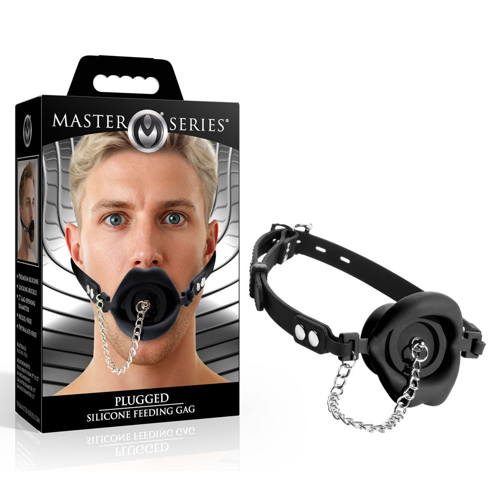 Master Series Black Lips Silicone Feeding Mouth Gag Plugged