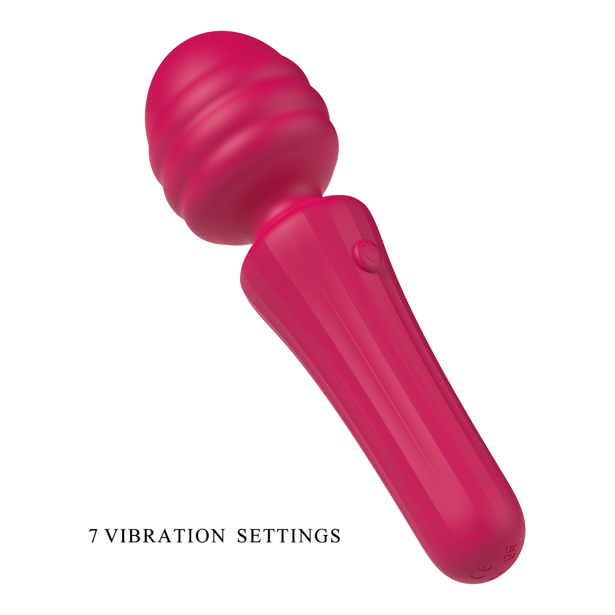 Pink silicone massage wand with a textured head, power button, and 7 vibration settings.