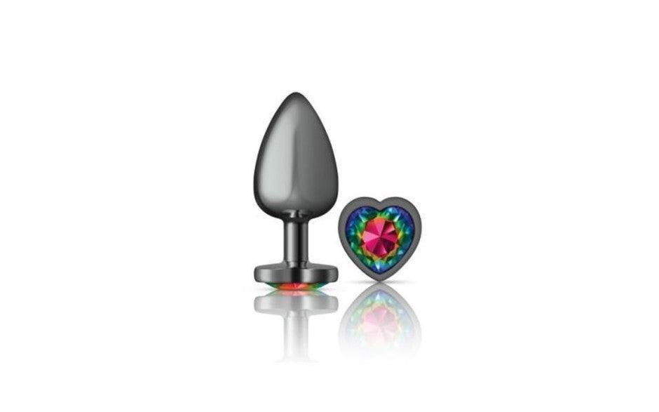 Cheeky Charms Gunmetal Butt Plug w Heart Rainbow Jewel Large - Adult Toys