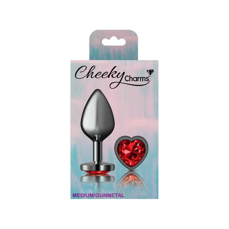 Cheeky Charms Gunmetal Butt Plug w Heart Red Jewel Medium - Adult Toys