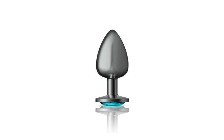 Cheeky Charms Gunmetal Round Butt Plug w Teal Jewel Small - Adult Toys
