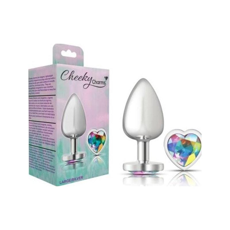 Cheeky Charms Silver Metal Butt Plug w Heart Clear Jewel Large - Adult Toys