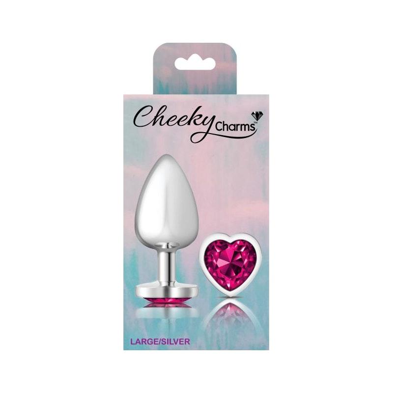 Cheeky Charms Silver Metal Butt Plug w Heart Pink Jewel Large - Adult Toys