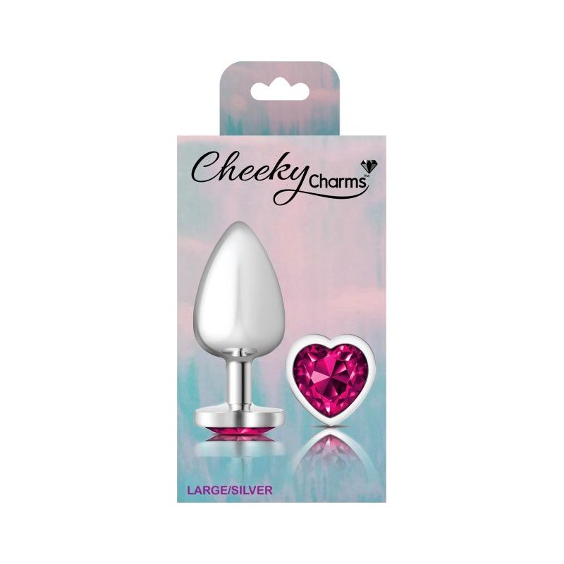 Cheeky Charms Silver Metal Butt Plug w Heart Pink Jewel Large - Adult Toys