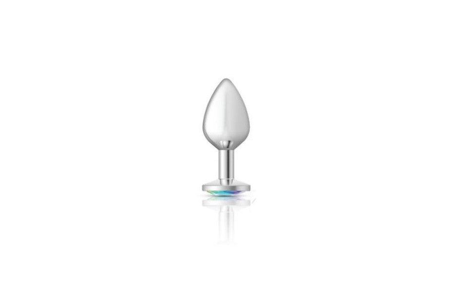 Cheeky Charms Silver Round Butt Plug w Clear Iridescent Jewel Medium - Adult Toys
