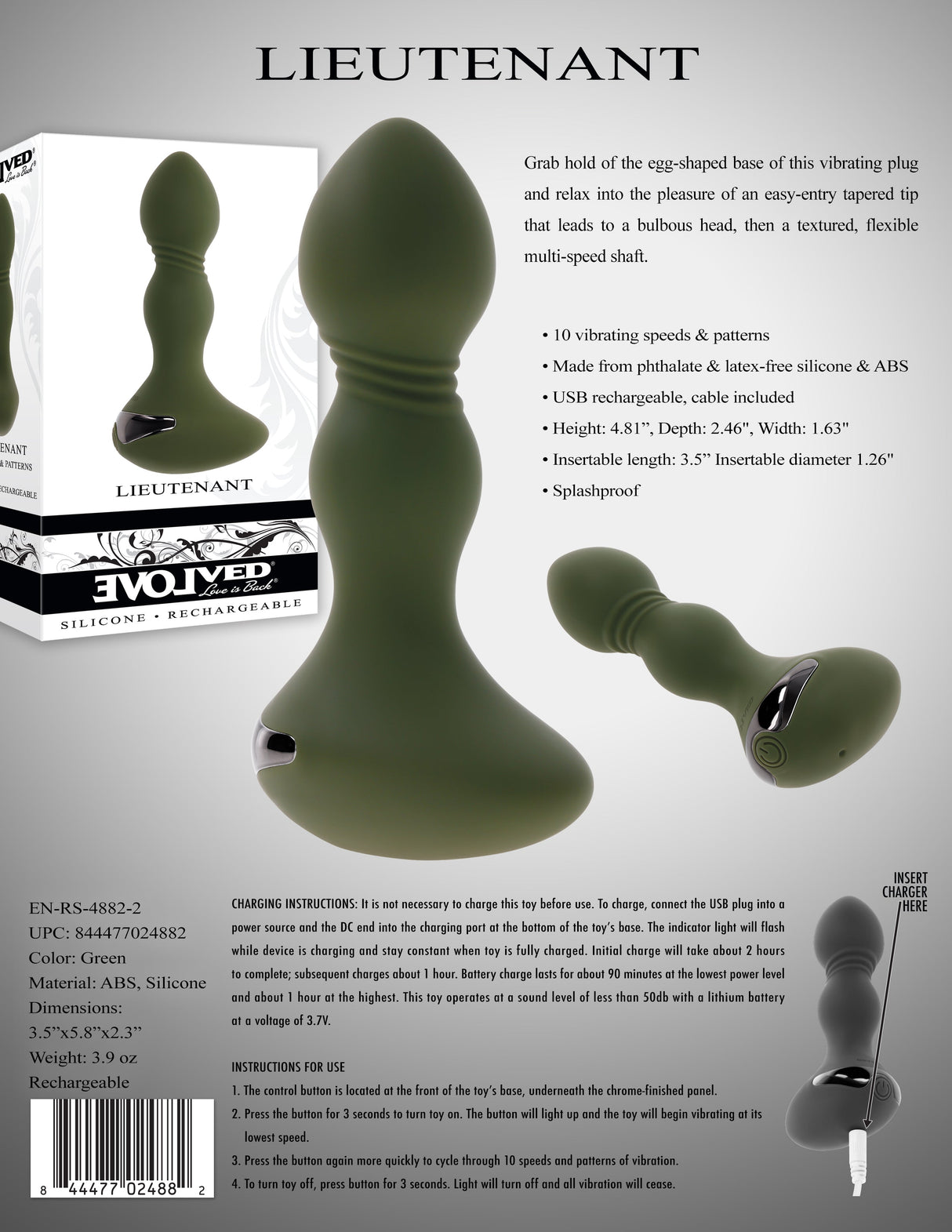 Evolved LIEUTENANT - Green 12.2 cm USB Rechargeable Vibrating Butt Plug - Anal Toys
