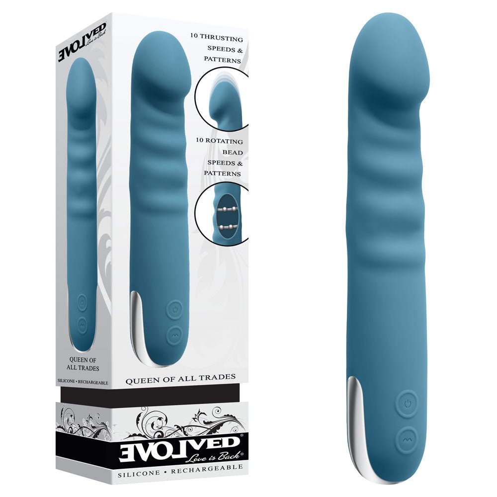 Evolved QUEEN OF ALL TRADES - Blue 22.6 cm USB Rechargeable Thrusting & Rotating Vibrator - VIBRATORS
