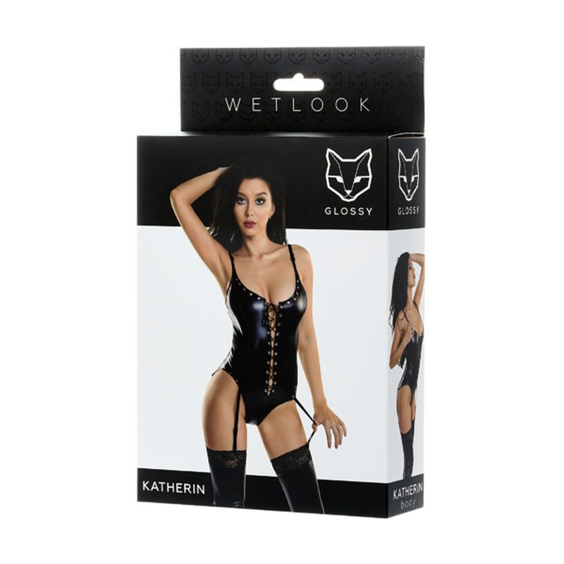 Glossy Wetlook Lace Up Bodysuit Katherin - Lingerie