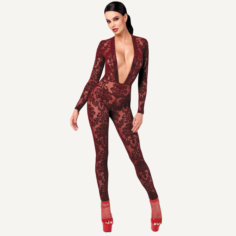 Kink Royal V Neck Catsuit Red - Lingerie