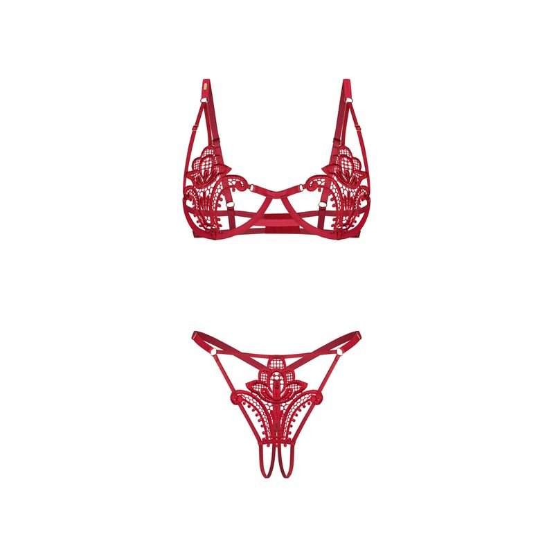 Luise Sublim 2 Pc Bra Panty Crotchless Set Red - Lingerie