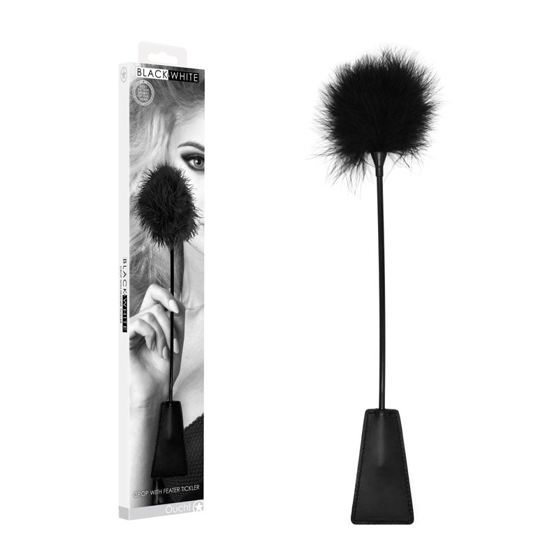 OUCH! Black & White Crop with Feather Tickler - Black 44 cm Feather Crop - BONDAGE - TOYS