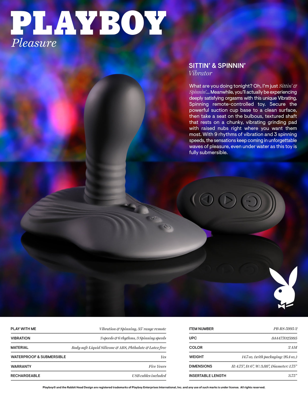 Playboy Pleasure SITTIN & SPINNIN - Spinning Vibrator & Grinder Pad & Remote - VIBRATORS