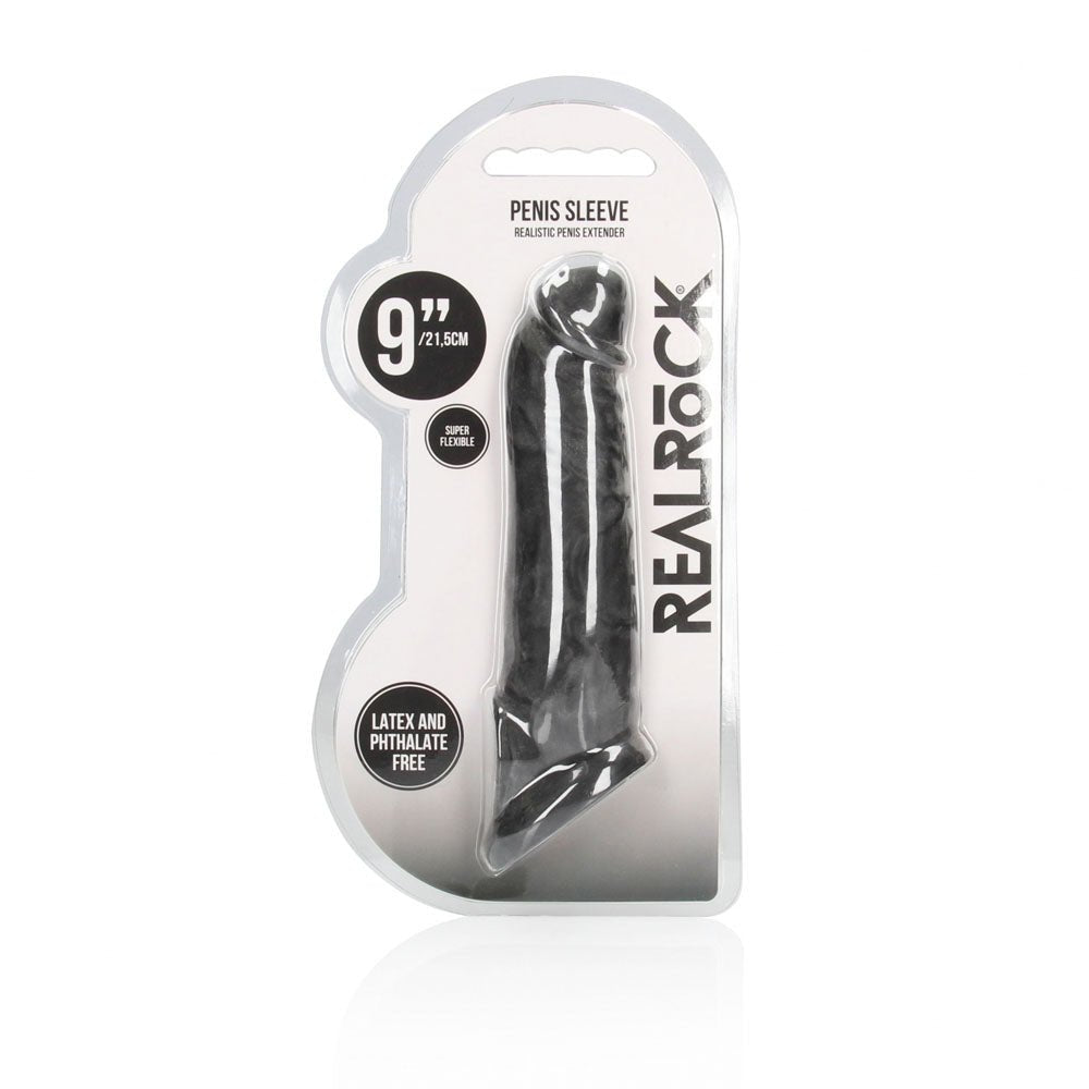 Realrock 9 Inch Realistic Penis Extender With Rings Black Sleeve - SLEEVES