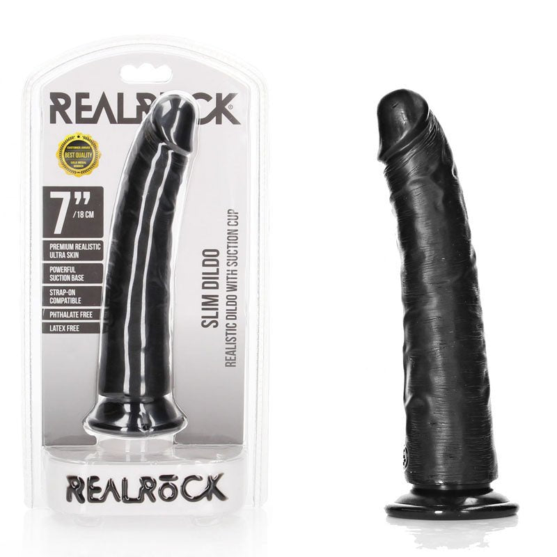 REALROCK Realistic Slim Dildo with Suction Cup - 18cm - Black 18 cm (7'') Dong - DONGS
