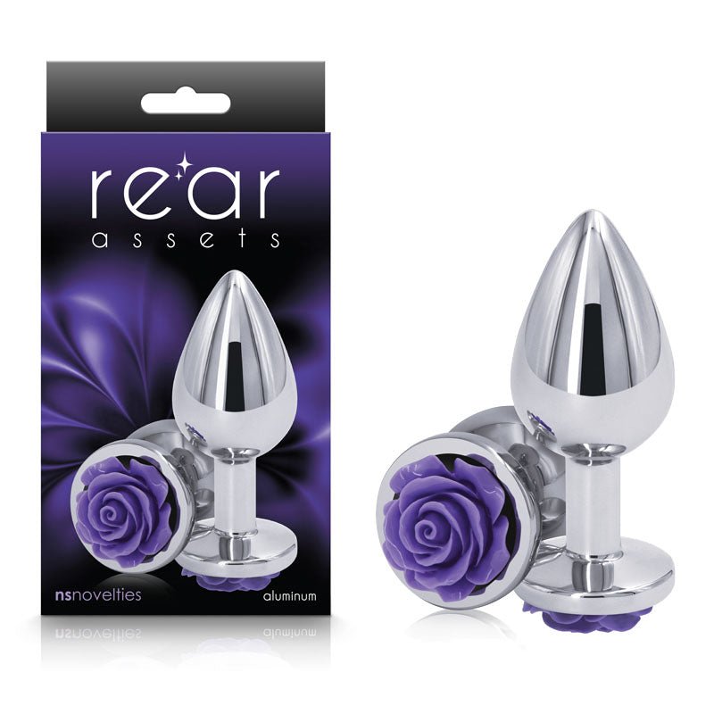 Rear Assets Rose - Medium - Chrome 8.9 cm Metal Butt Plug with Purple Rose Base - ANAL TOYS