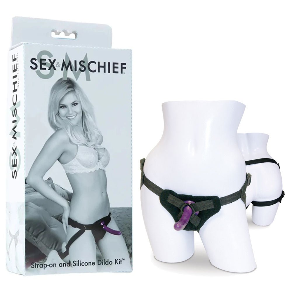 Sex & Mischief Strap - On & Silicone Dildo Kit - Black/Purple Adjustable Strap - On - STRAP - ONS