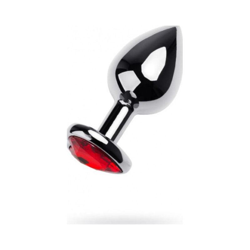 Silver Metal Anal Plug w Red Ruby Heart Crystal Medium - Adult Toys