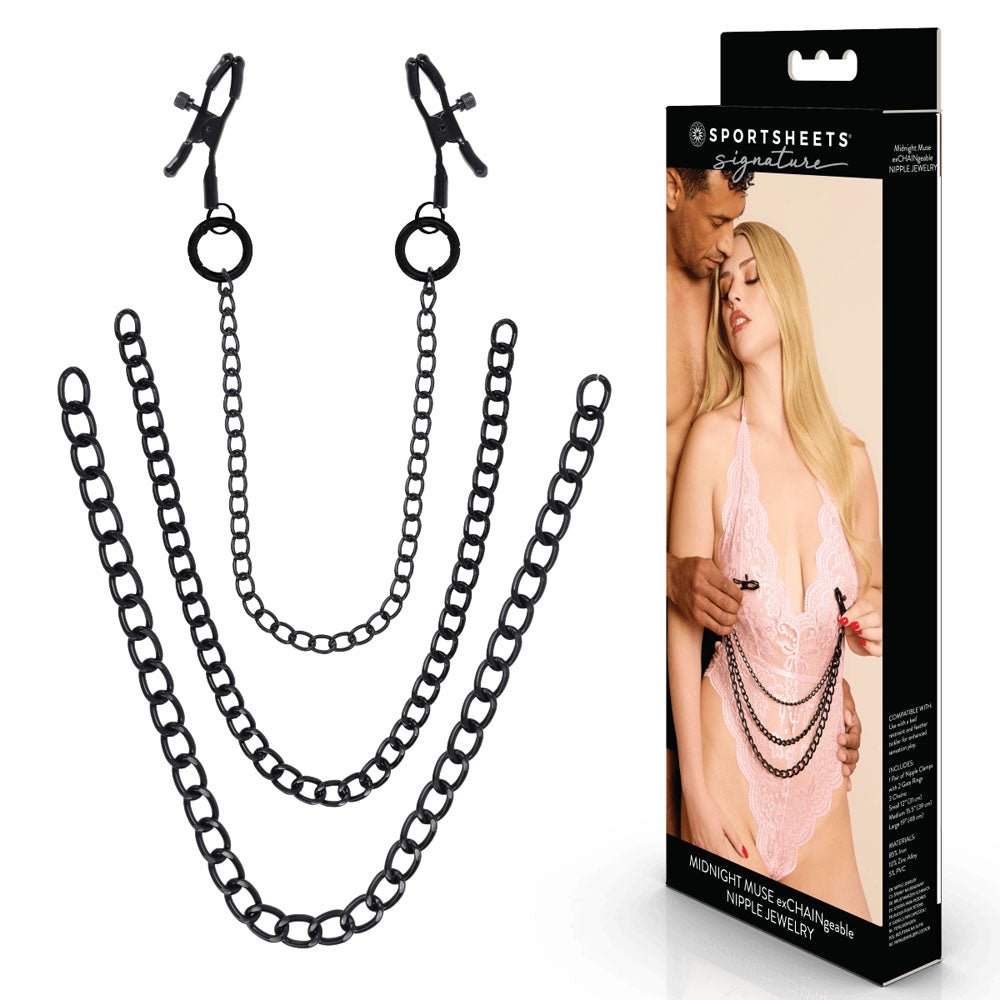 Sportsheets Midnight Muse Black Changeable Nipple Clamps Chain - BONDAGE-TOYS