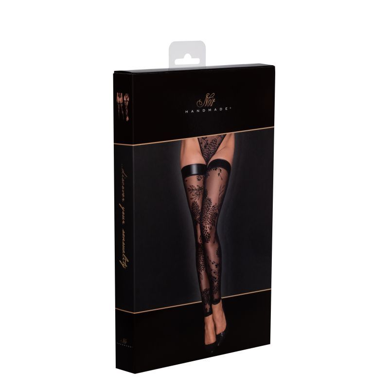 Tulle Stockings w Patterned Flock Embroidery & Power Wetlook Band - Lingerie