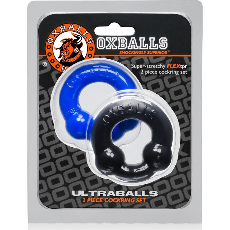 Ultraballs 2 Pk Cockring Black And Pool Blue - Adult Toys