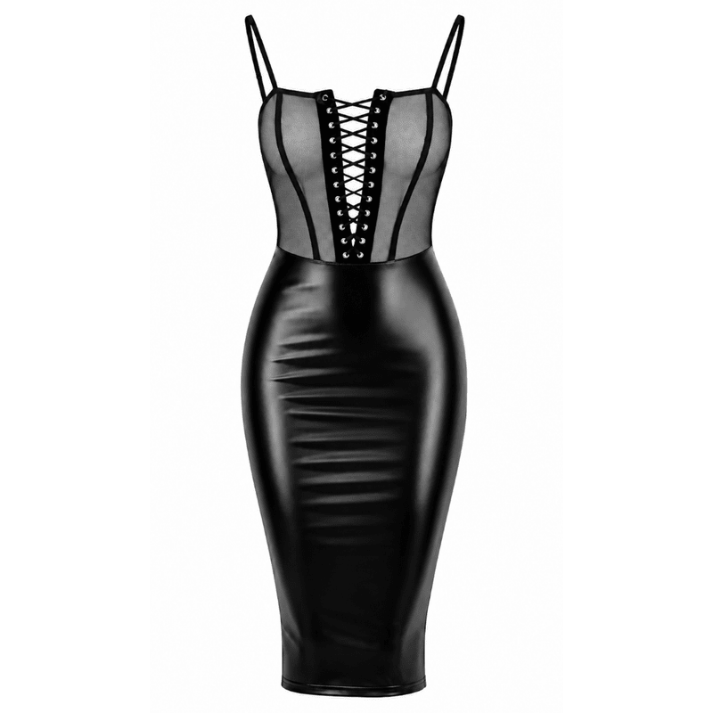 Wet Look Sheer Lace Up Dress Black - Lingerie