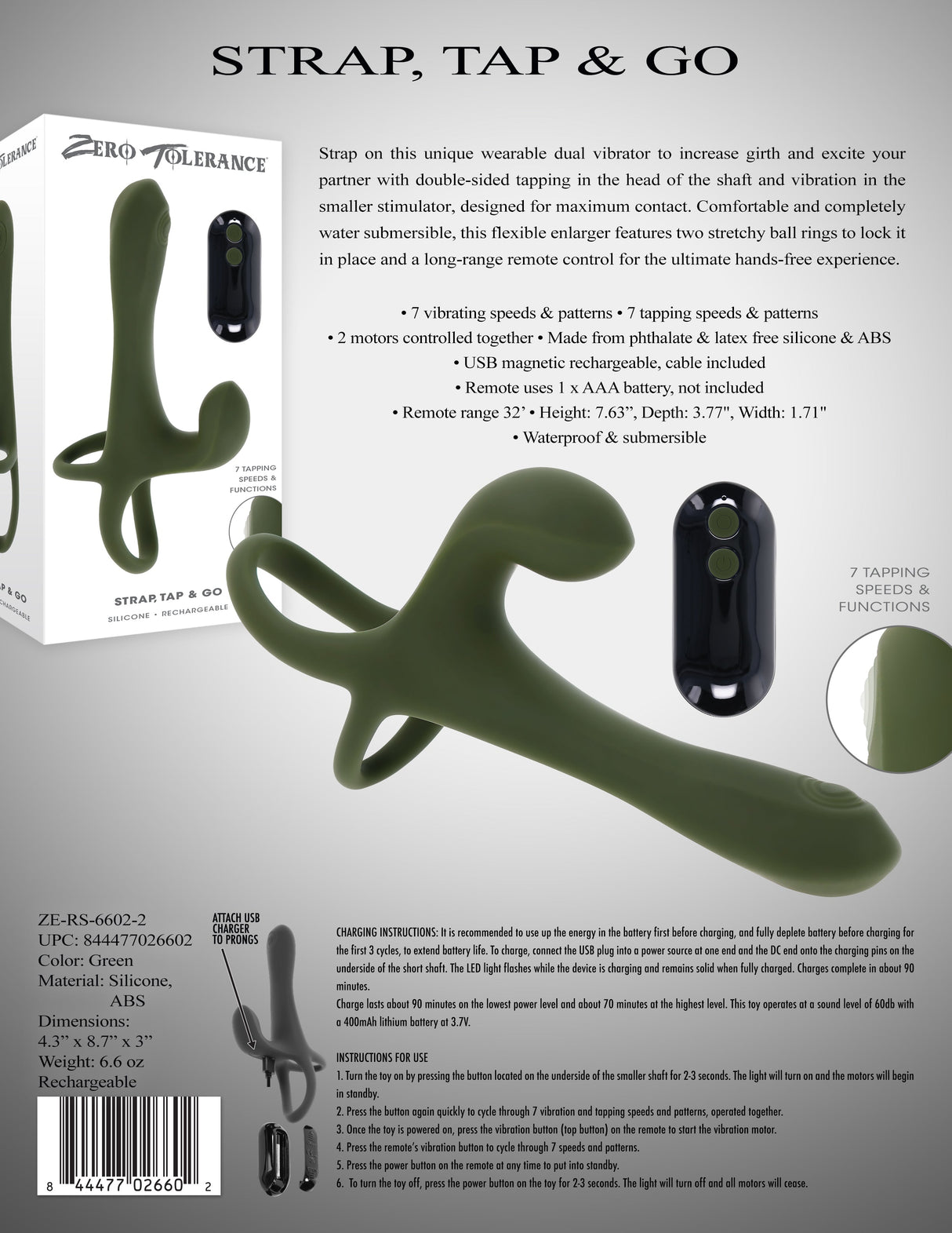 Zero Tolerance STRAP, TAP & GO - Vibrating & Tapping Sleeve & Wireless Remote - SLEEVES