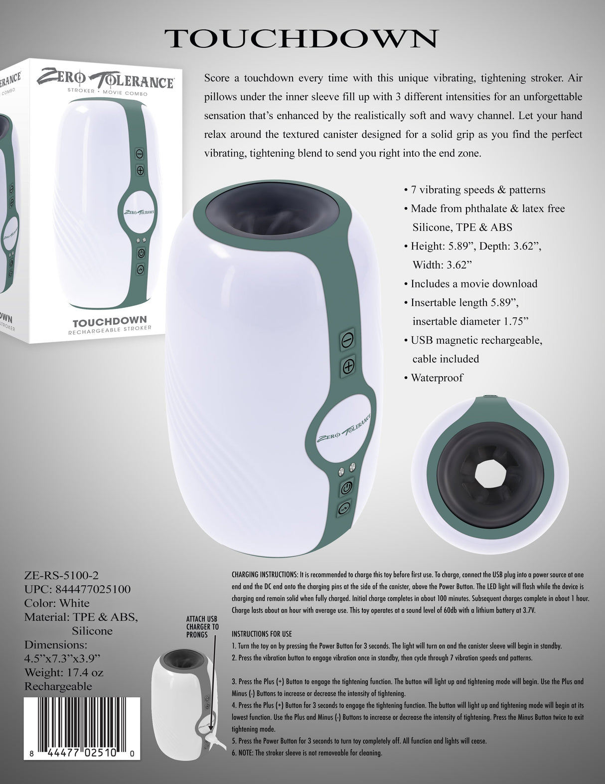 Zero Tolerance TOUCHDOWN - Rechargeable Vibrating & Tightening Stroker - MASTURBATORS