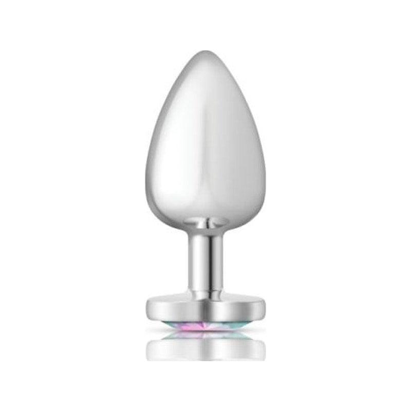 Cheeky Charms Silver Metal Butt Plug w Heart Clear Jewel Large - Adult Toys