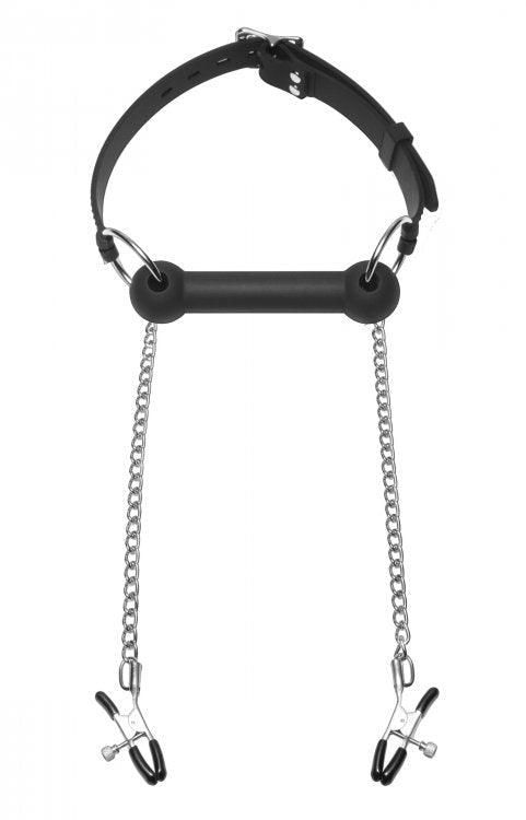 Equine Silicone Bit Gag With Nipple Clamps - Adult Toys