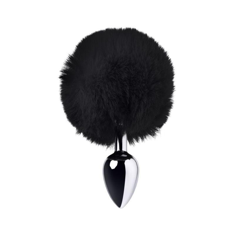 Silver Metal Anal Plug Small w Black Tail - Adult Toys