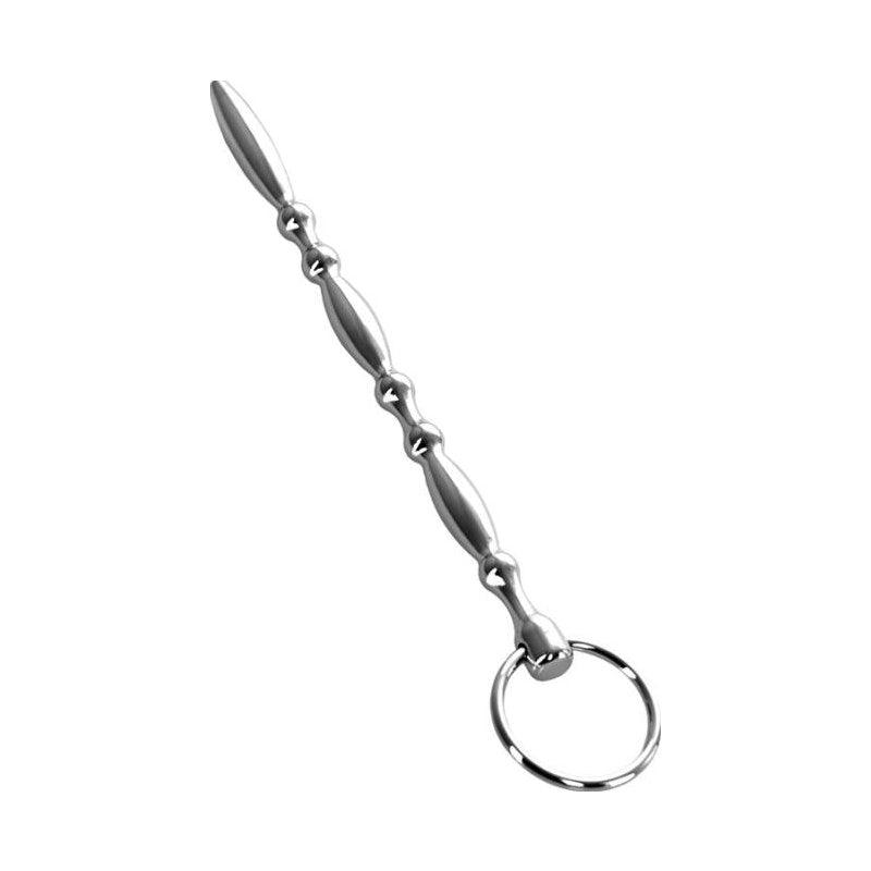 Silver Metal Beaded Urethral Plug w Ring - Adult Toys