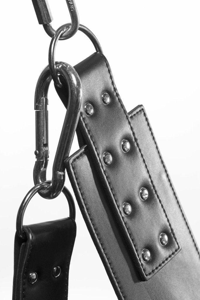 Strict Extreme Leather Bondage Sling with Stirrups and Pillow | Black - Adult Toys