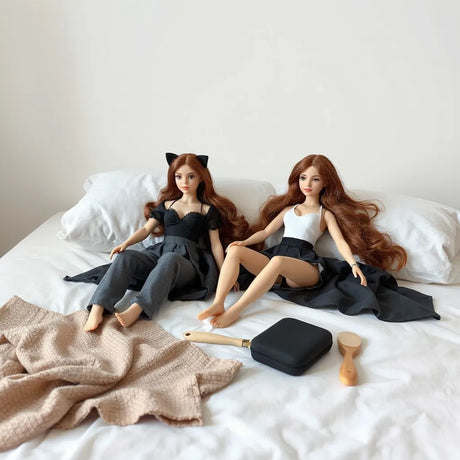Fantasy sex dolls on a minimalist bed with microfiber cloth and storage items for care and upkeep