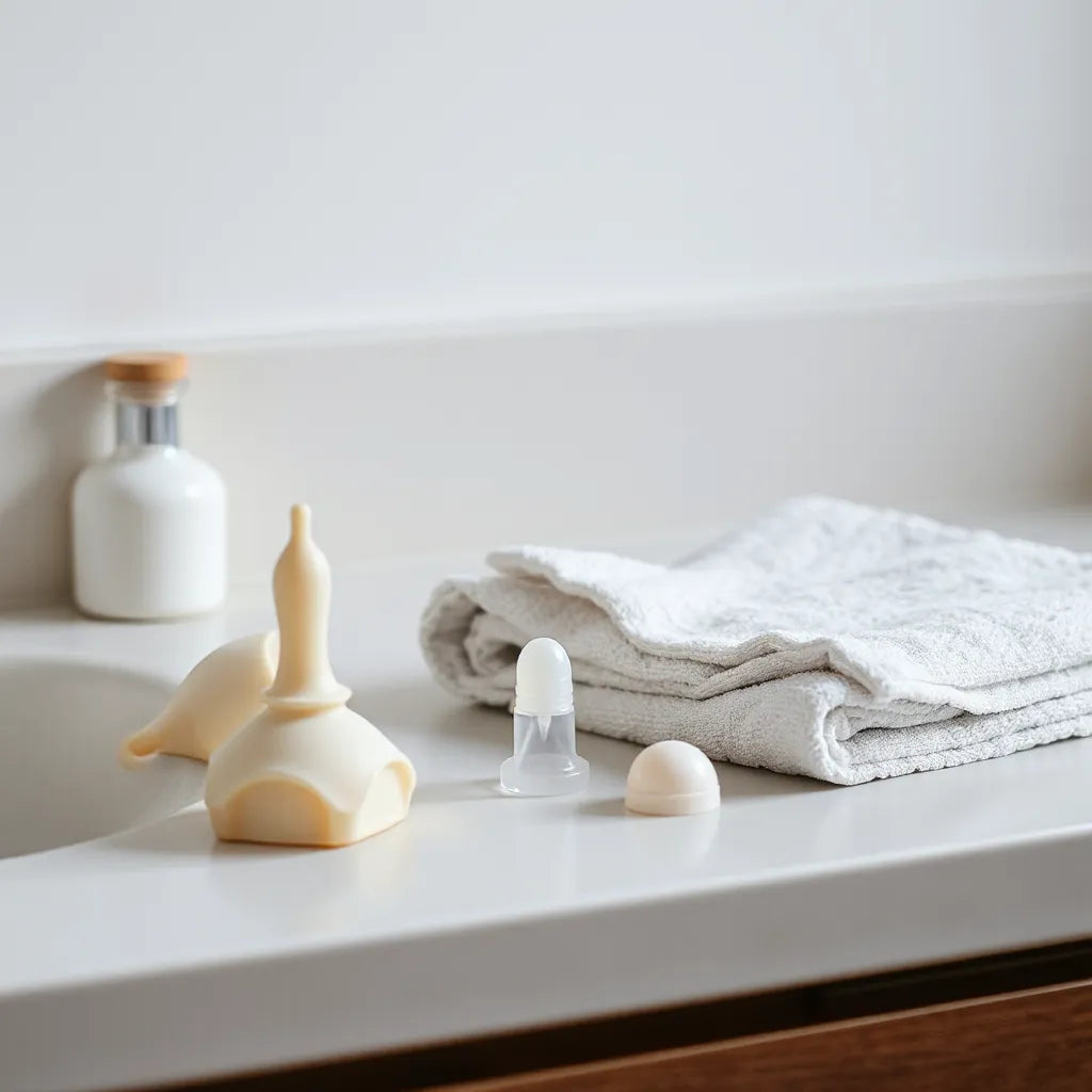 Beginner-friendly anal toy items and water-based lubricant arranged neatly on a bathroom counter