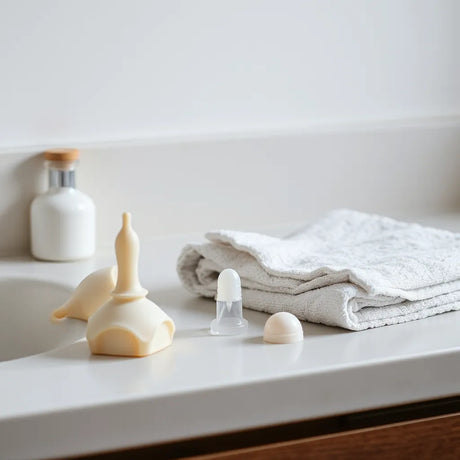 Beginner-friendly anal toy items and water-based lubricant arranged neatly on a bathroom counter