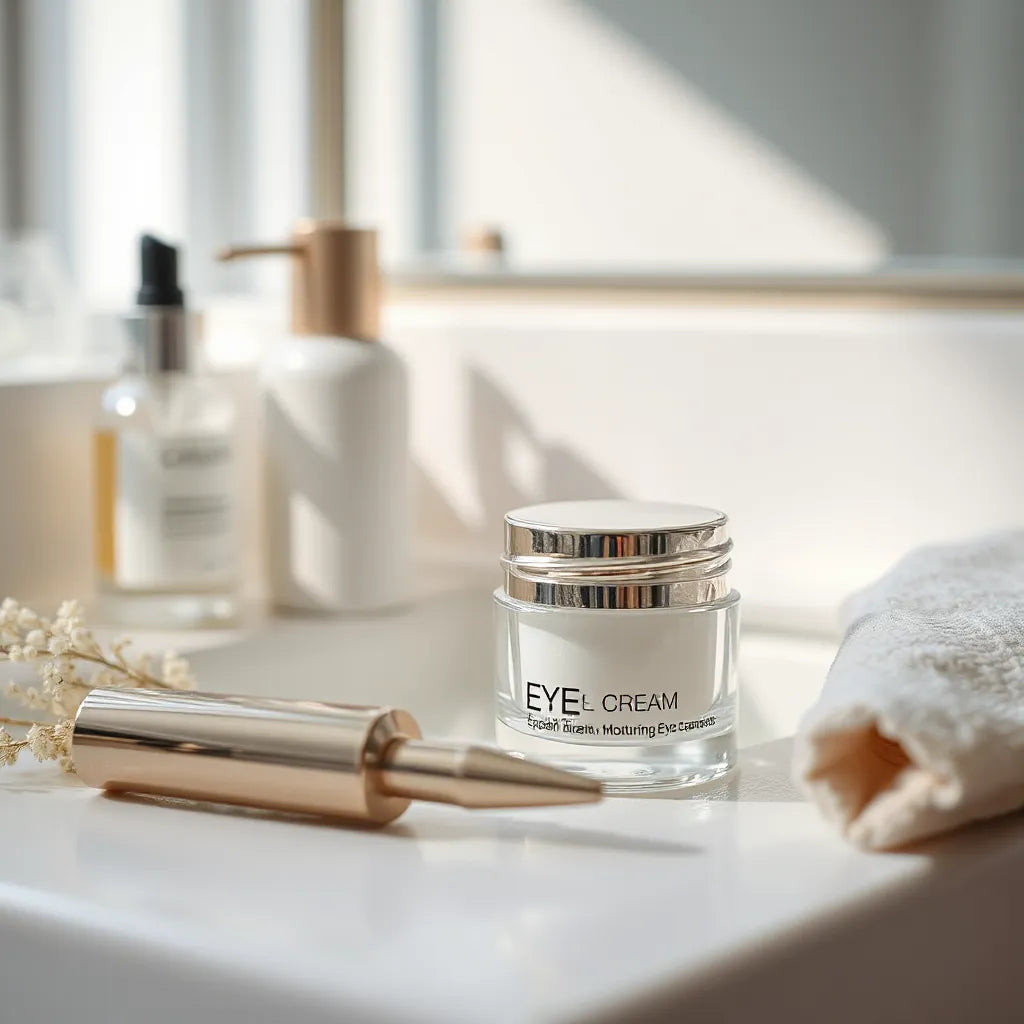 Small jar of moisturizing eye cream and metal applicator on a clean vanity with soft lighting