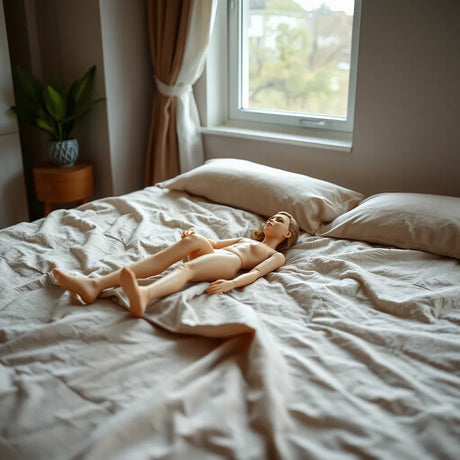 An anatomically detailed adult sex doll posed on a bed in a modern, softly lit bedroom.