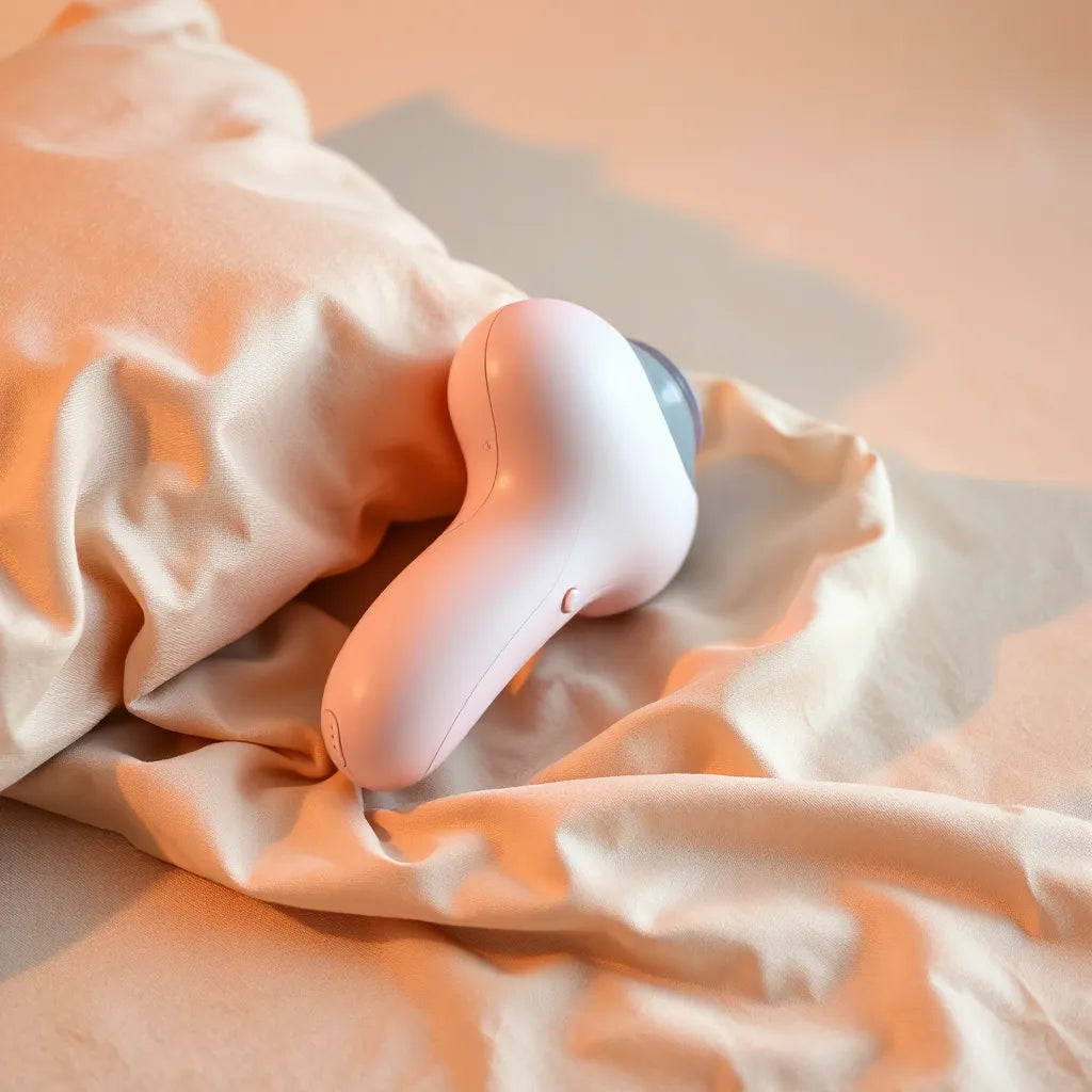 A modern vibrating intimacy device on a neutral surface with warm lighting and a soft pillow nearby