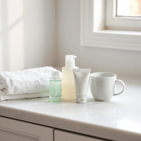 Neatly arranged gentle intimate care products on a clean bathroom countertop beside a folded towel