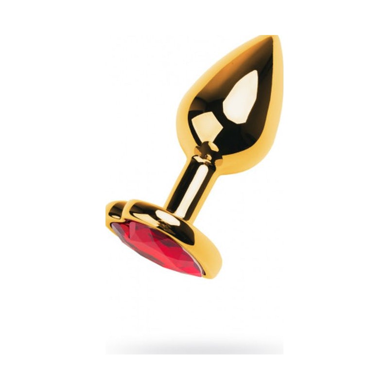 Gold Metal Anal Plug w Red Ruby Heart Crystal Small