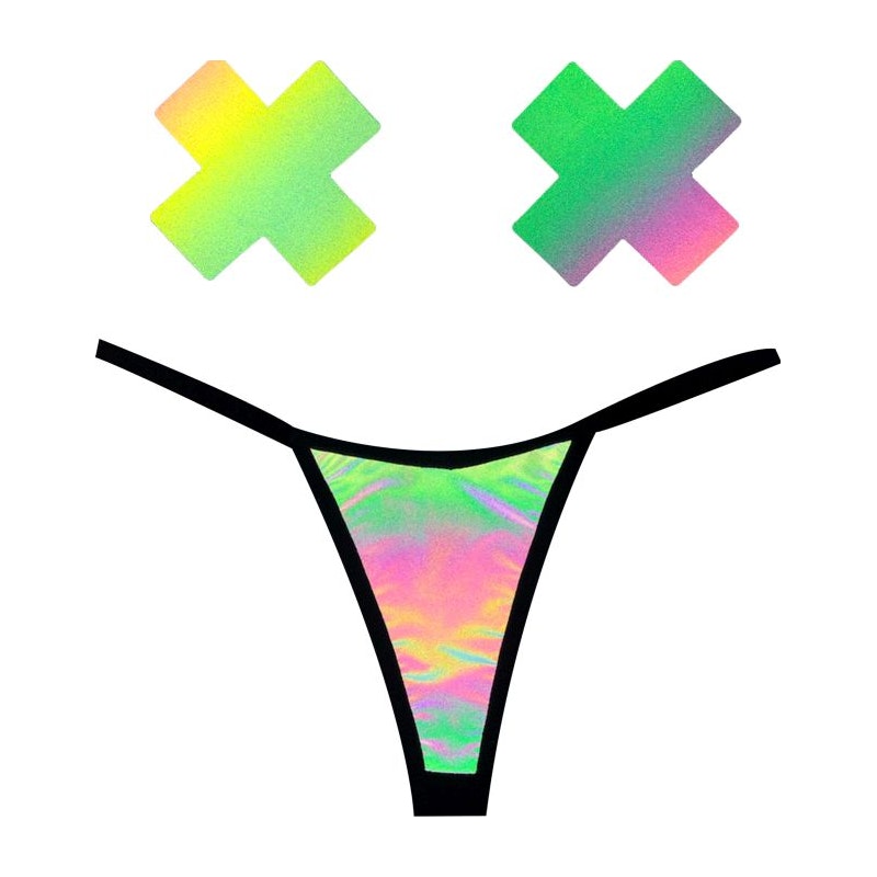 Rainbow Reflective G-String and X Pastie Set