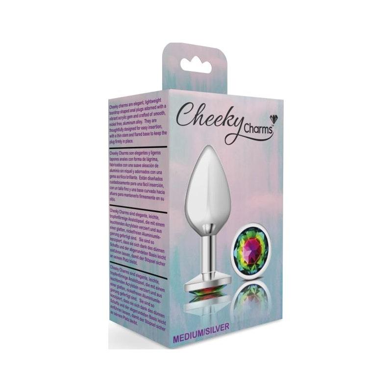 Cheeky Charms Silver Round Butt Plug w Rainbow Jewel Medium - Naughty by Nature Adult Store