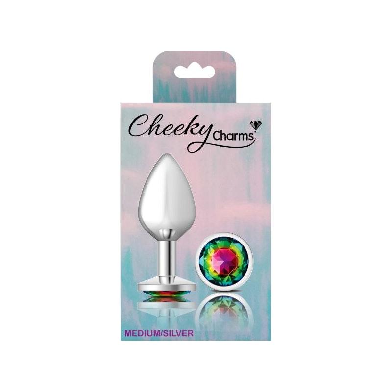 Cheeky Charms Silver Round Butt Plug w Rainbow Jewel Medium - Naughty by Nature Adult Store