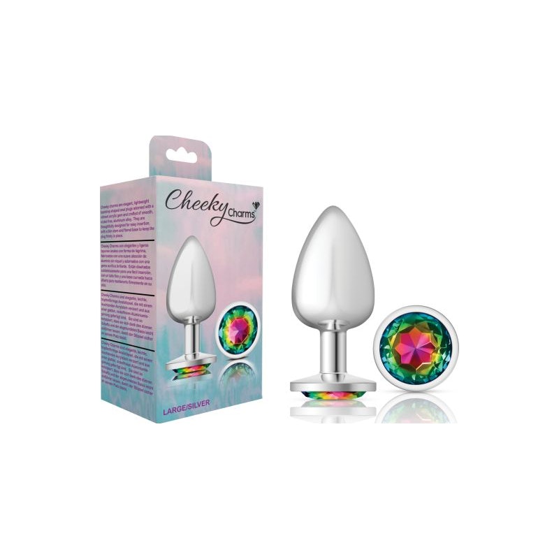 Cheeky Charms Silver Round Butt Plug w Rainbow Jewel Large