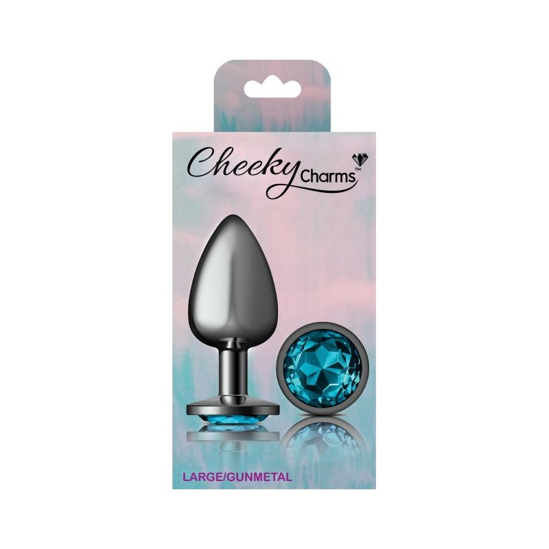 Cheeky Charms Gunmetal Round Butt Plug w Teal Jewel Large