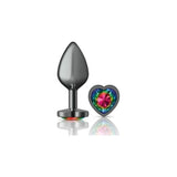 Cheeky Charms Gunmetal  Butt Plug w Heart Rainbow Jewel Medium