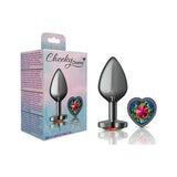 Cheeky Charms Gunmetal  Butt Plug w Heart Rainbow Jewel Medium