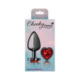 Cheeky Charms Gunmetal  Butt Plug w Heart Red Jewel Large